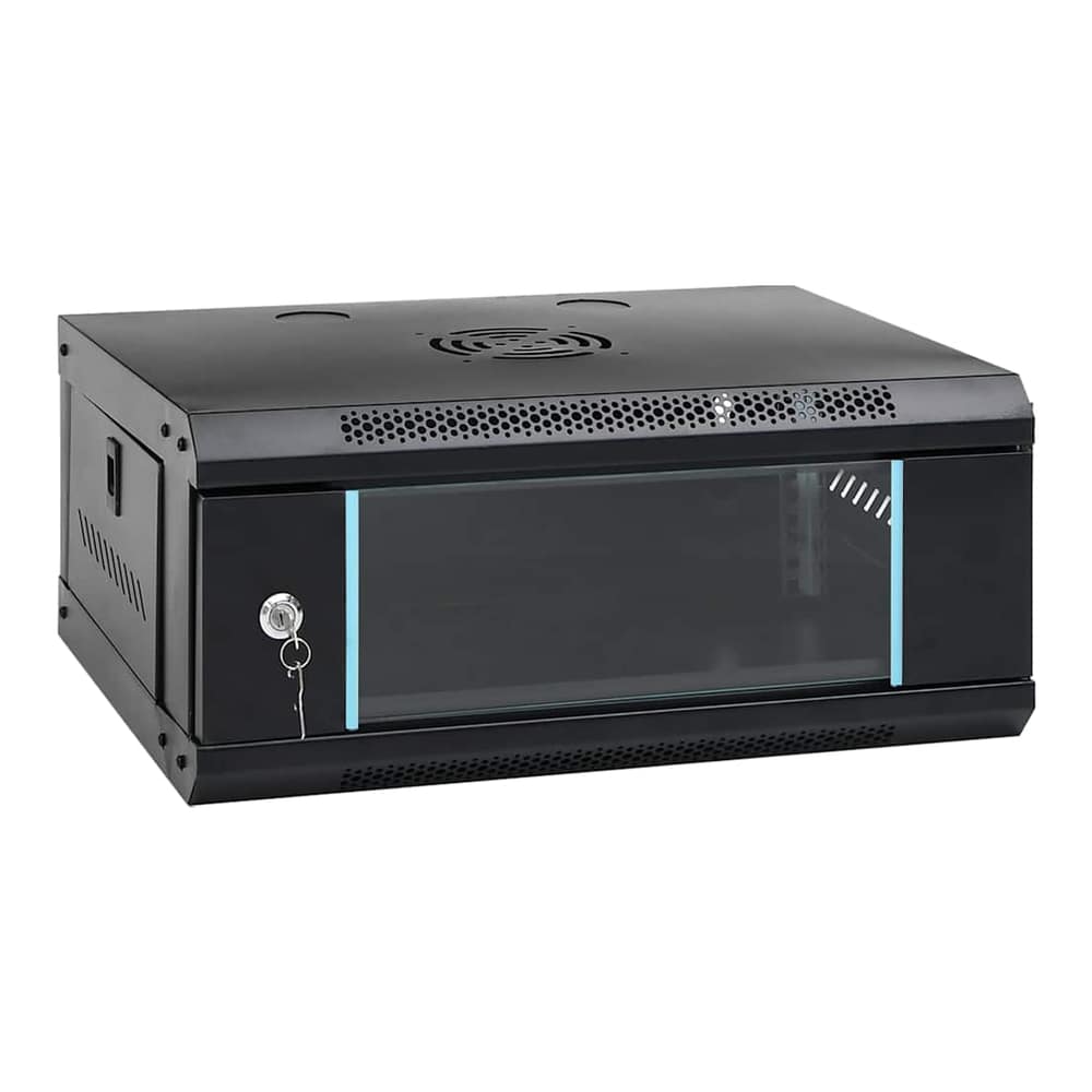 vidaXL 4U Wall Mounted Network Cabinet 19" IP20 showing the front with a glass door and lock