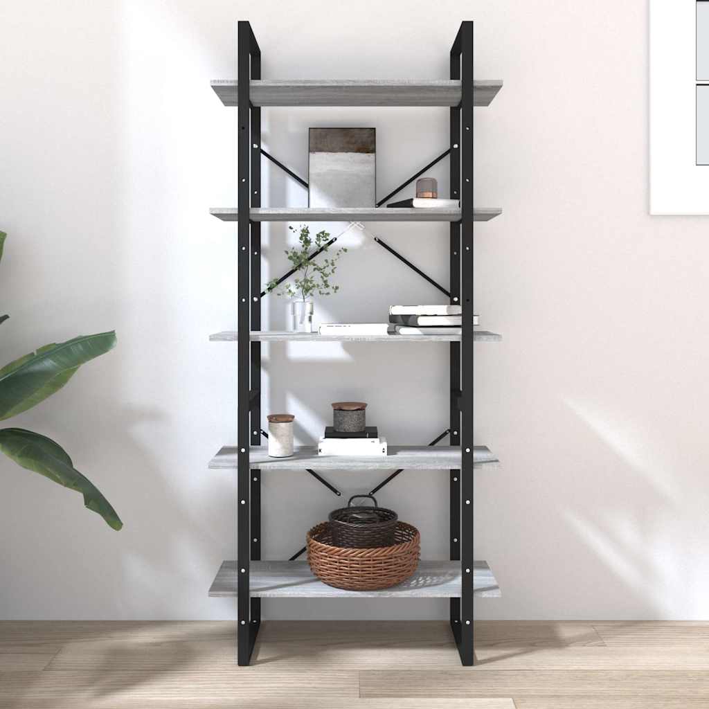 The five-tier bookcase with grey sonoma shelves and black frame, styled with books and a basket