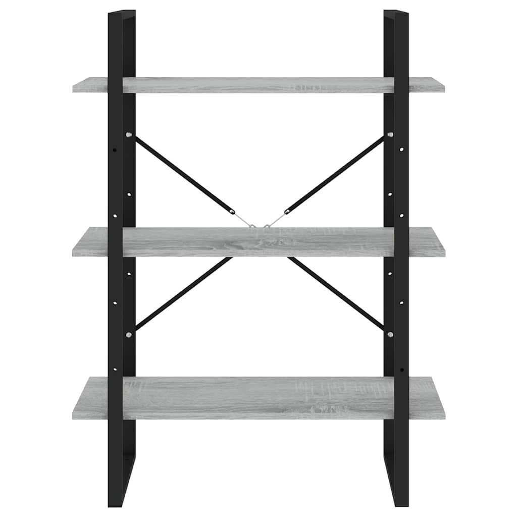 A close-up of the grey sonoma engineered wood bookcase, focusing on the three lower shelves
