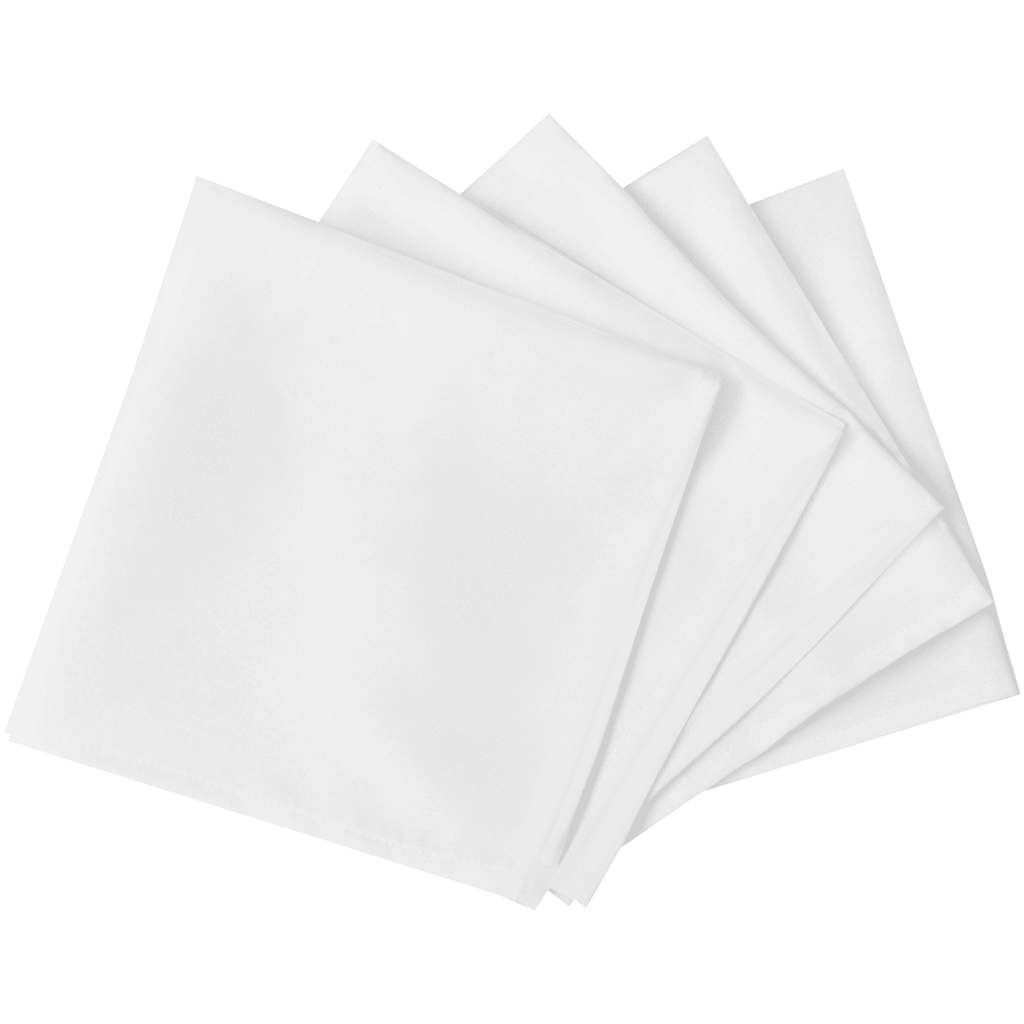A stack of five white cloth napkins fanned out to show their square shape and clean edges
