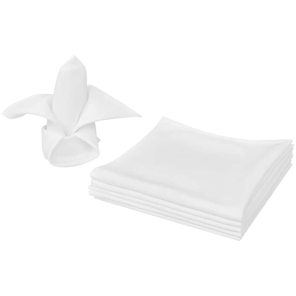 vidaXL 50 Dinner Napkins White, one napkin folded in a decorative shape and a stack of five napkins