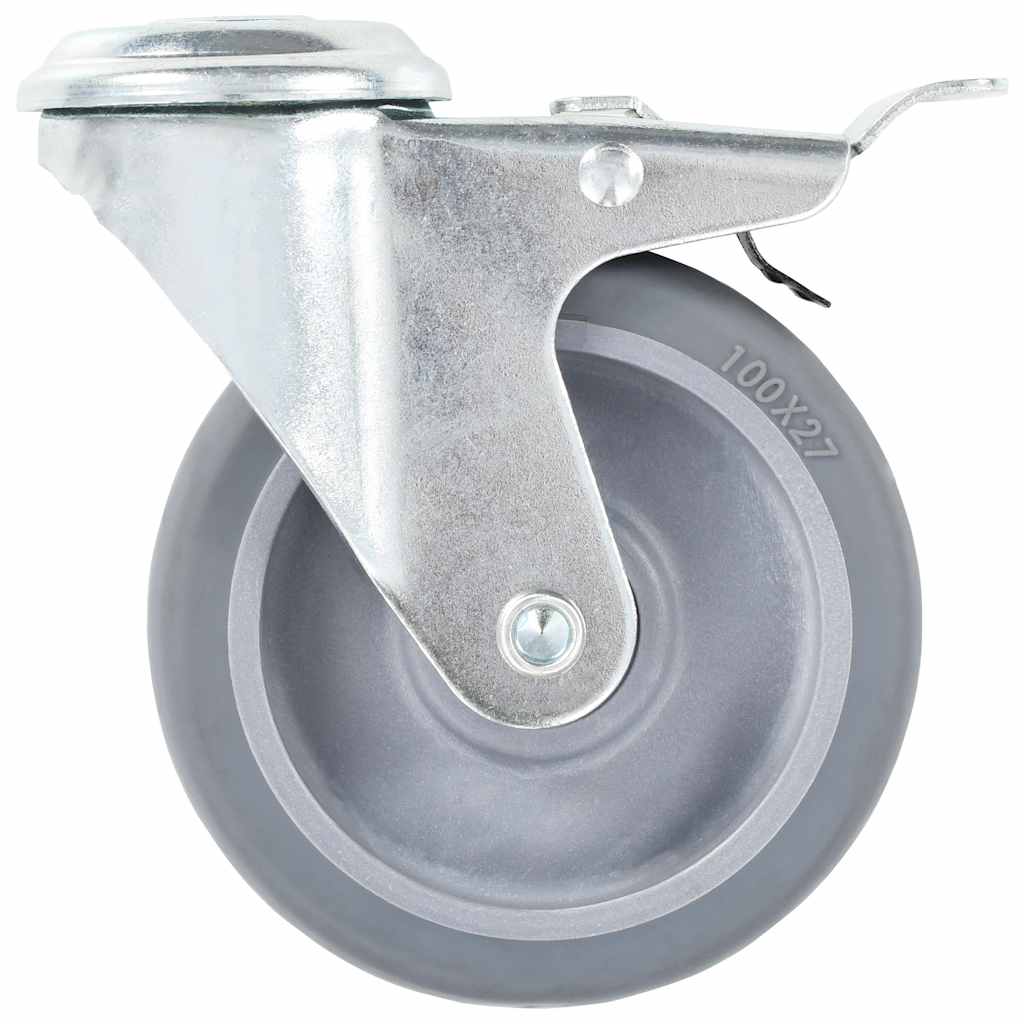Side view of a grey swivel caster wheel with metal bracket