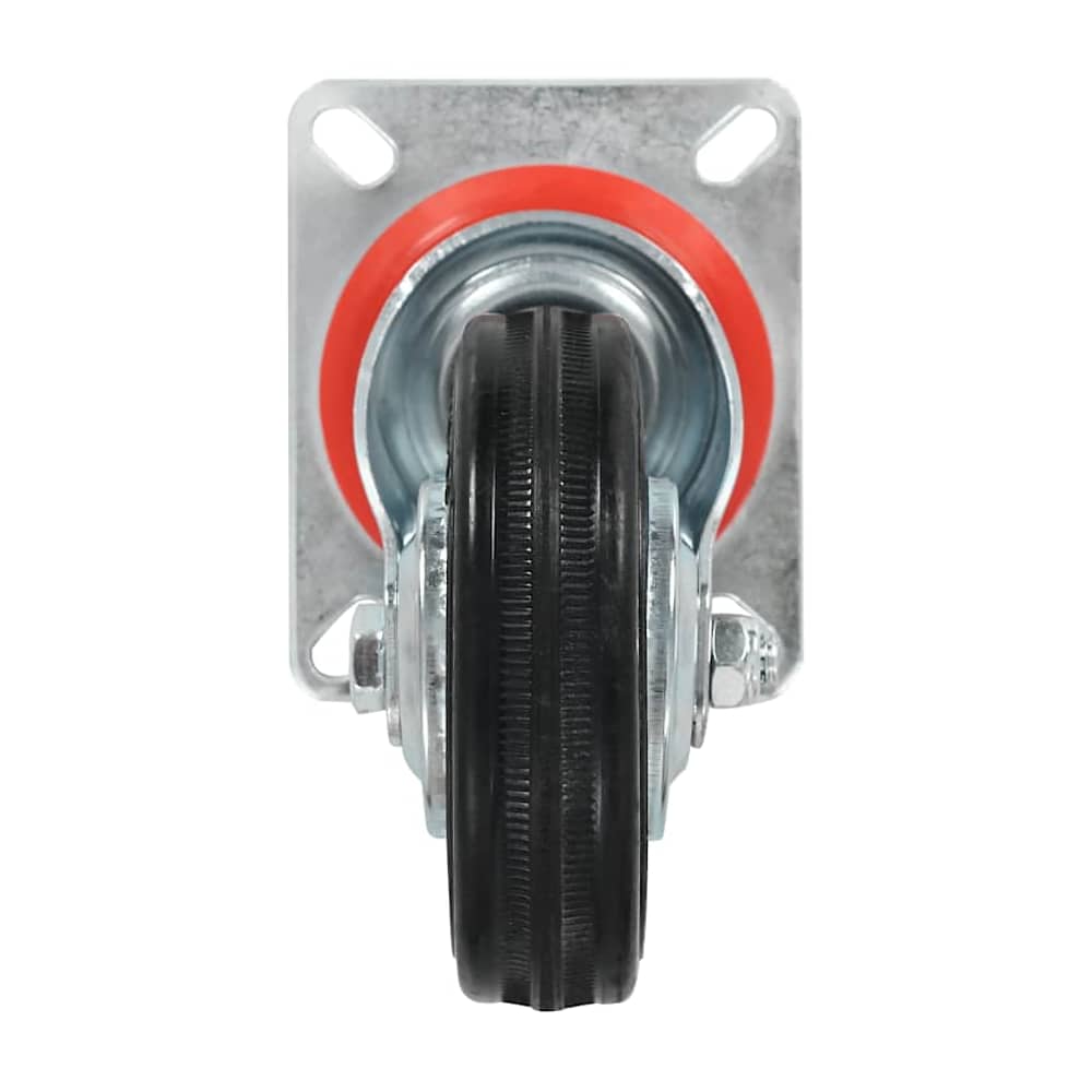 The front of a swivel caster, showing the black rubber wheel and the metal mounting plate