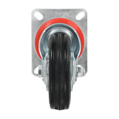 The front of a swivel caster, showing the black rubber wheel and the metal mounting plate