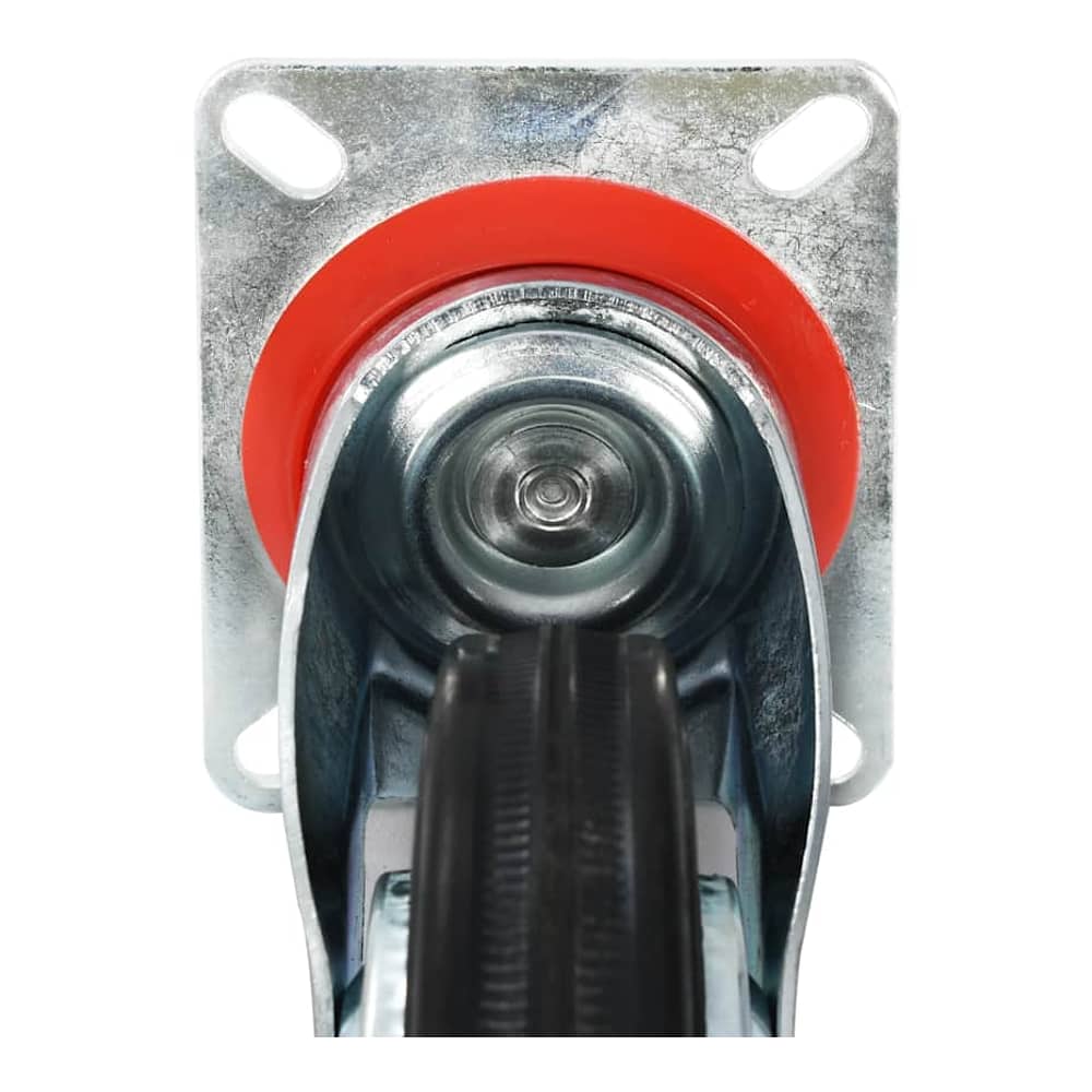 Close up of the top of a swivel caster, showing the metal mounting plate and the red rubber surround