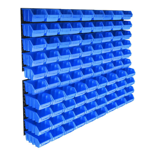96 Piece Storage Bin Kit with Wall Panels Blue, a wall-mounted storage system with many blue bins