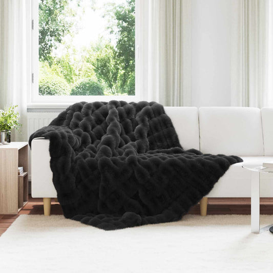 vidaXL Anti-Slip Faux Rabbit Fur Blanket Olite Black draped over a white sofa
