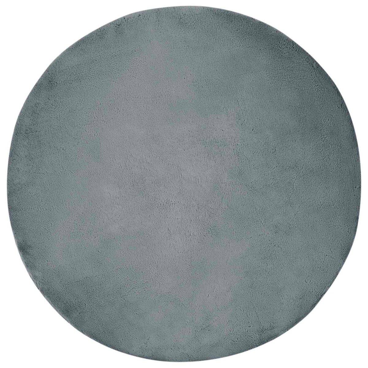 A plain round grey faux rabbit fur rug, showing its full circular shape