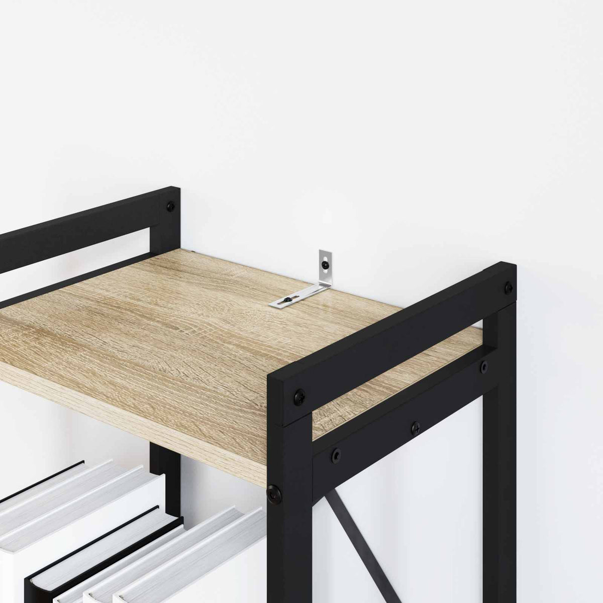 The anti tip bracket attached to a shelf and wall