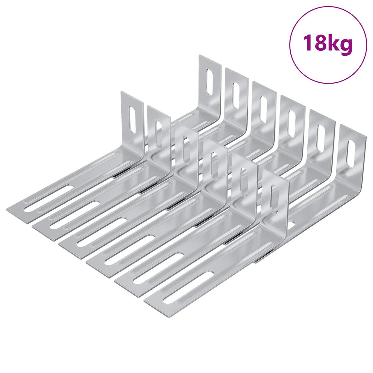 A pack of seven silver anti tip brackets, each with multiple slots