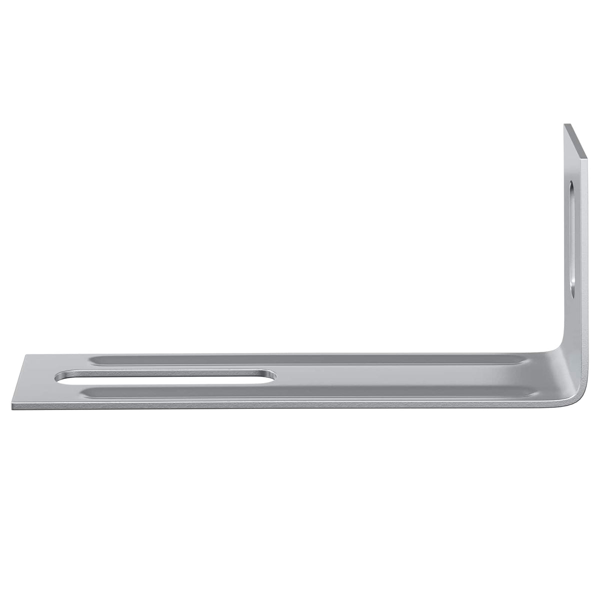 A silver anti tip bracket shown from the side, with a long horizontal slot