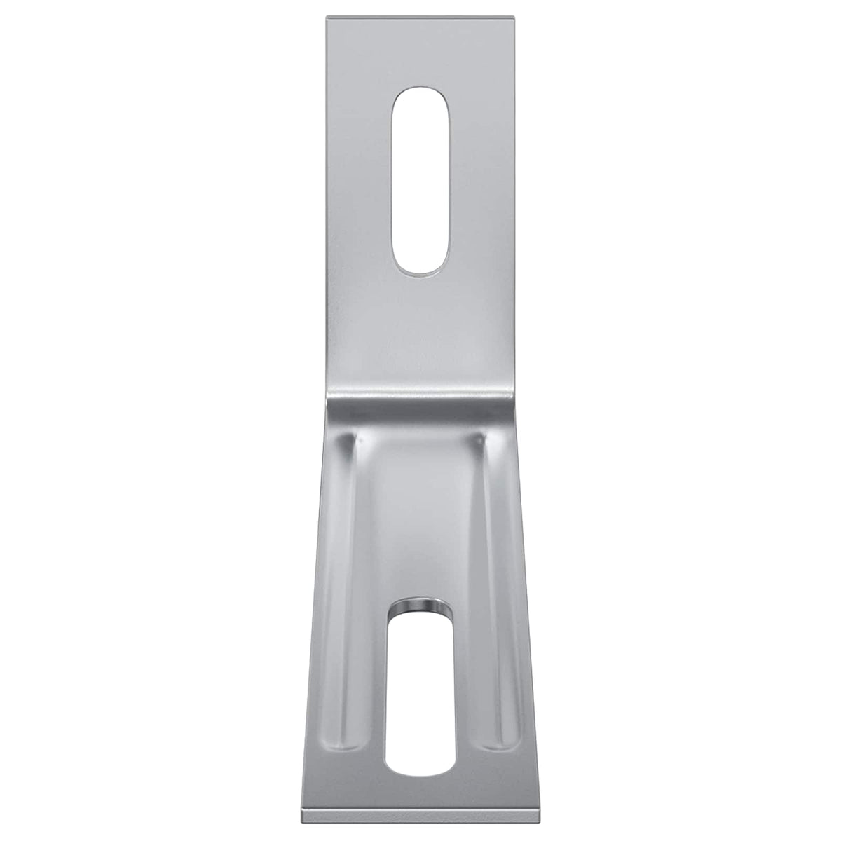 A single silver anti tip bracket, L-shaped with two slots