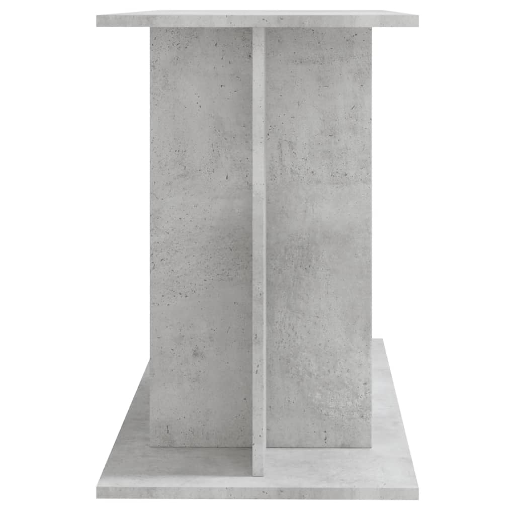Side view of the concrete grey engineered wood aquarium stand showing its construction