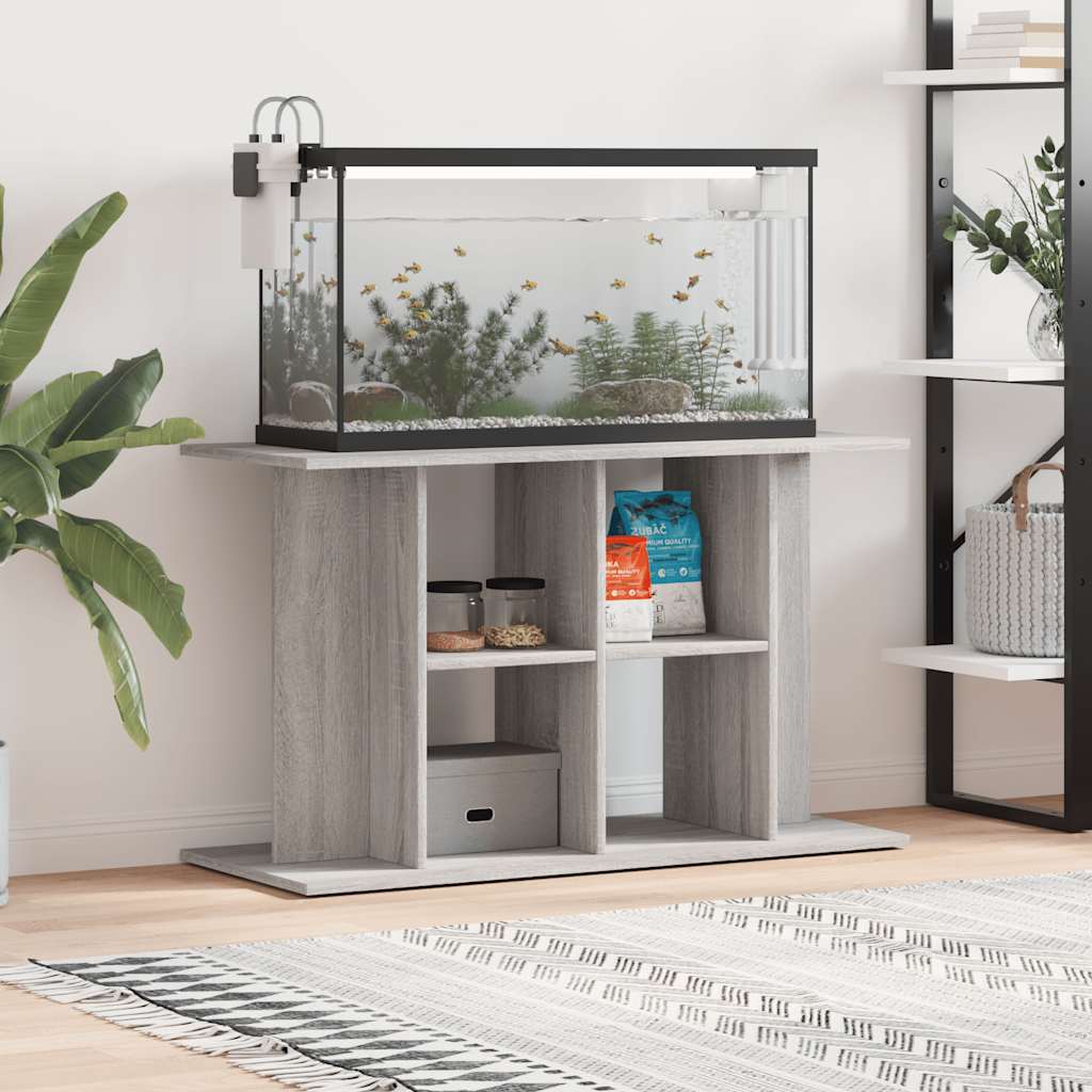 vidaXL Aquarium Stand Grey Sonoma Engineered Wood in a living room setting with a fish tank on top