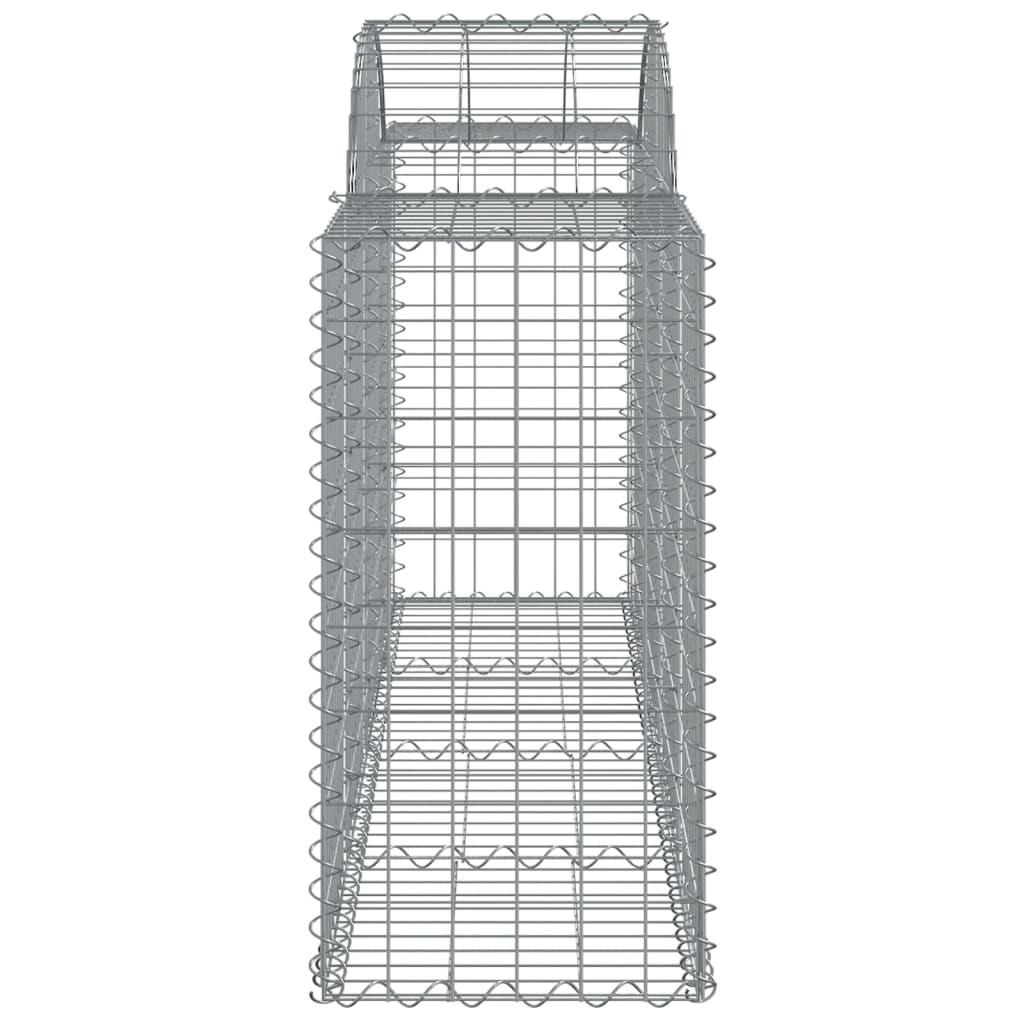 Side view of an empty galvanised wire gabion basket with an arched top