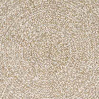 Close up of the centre of the natural and white jute rug, showing the circular woven pattern