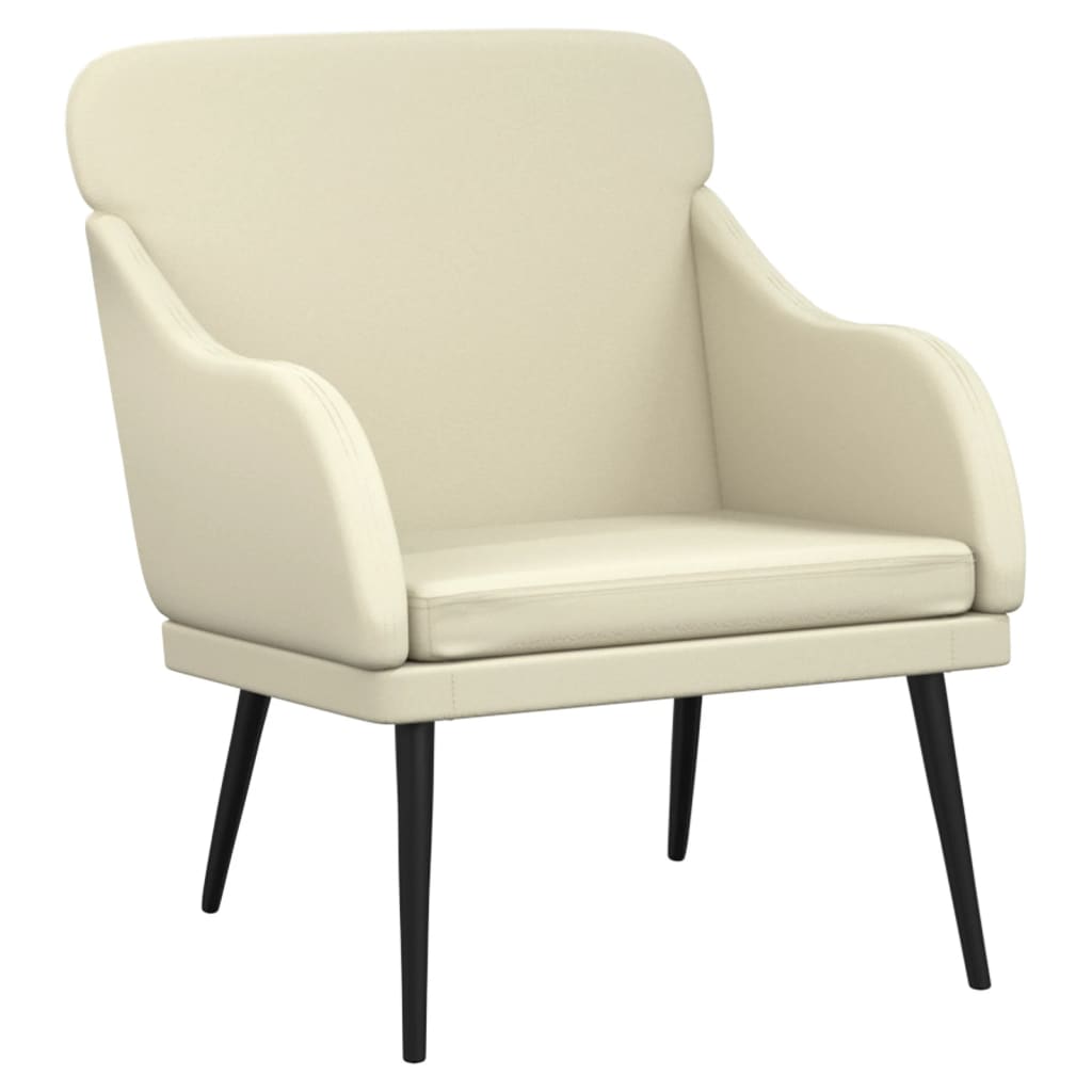 Cream faux leather armchair with black legs, shown from a three-quarter front angle