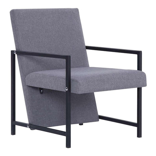 The light grey fabric armchair featuring a sturdy dark metal frame from a side angle