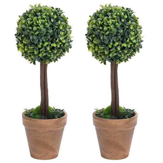 vidaXL Artificial Boxwood Plants shown as a pair of ball shaped trees in brown pots