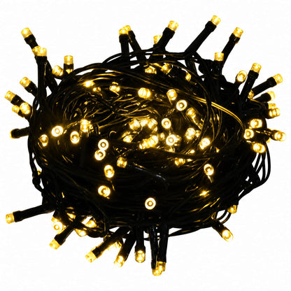 A tangled bundle of warm white LED string lights for the Christmas tree