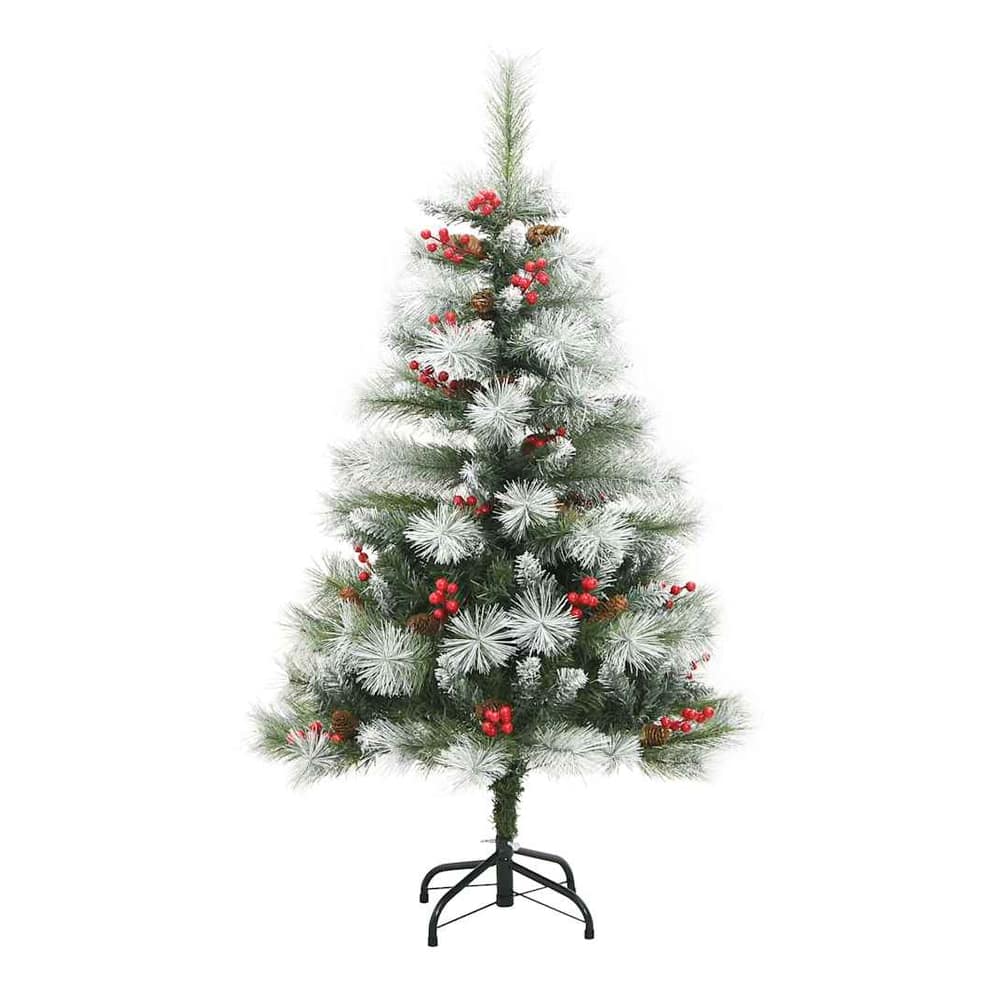 The green and white artificial Christmas tree with its stand, showing the full shape