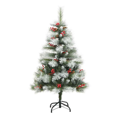The green and white artificial Christmas tree with its stand, showing the full shape