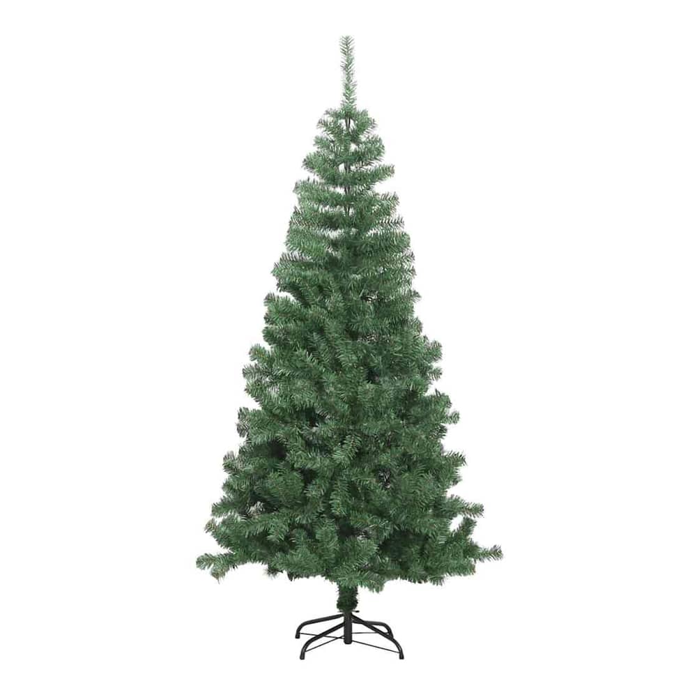 A green artificial Christmas tree with a black metal stand, shown from the front