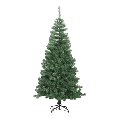 A green artificial Christmas tree with a black metal stand, shown from the front