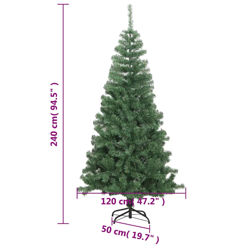 A green artificial Christmas tree with size indications for height and width
