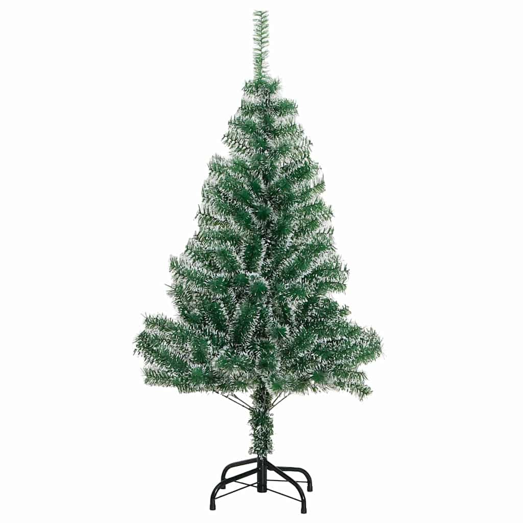 The artificial Christmas tree with snow flocked branches on a black metal base