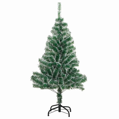 The artificial Christmas tree with snow flocked branches on a black metal base