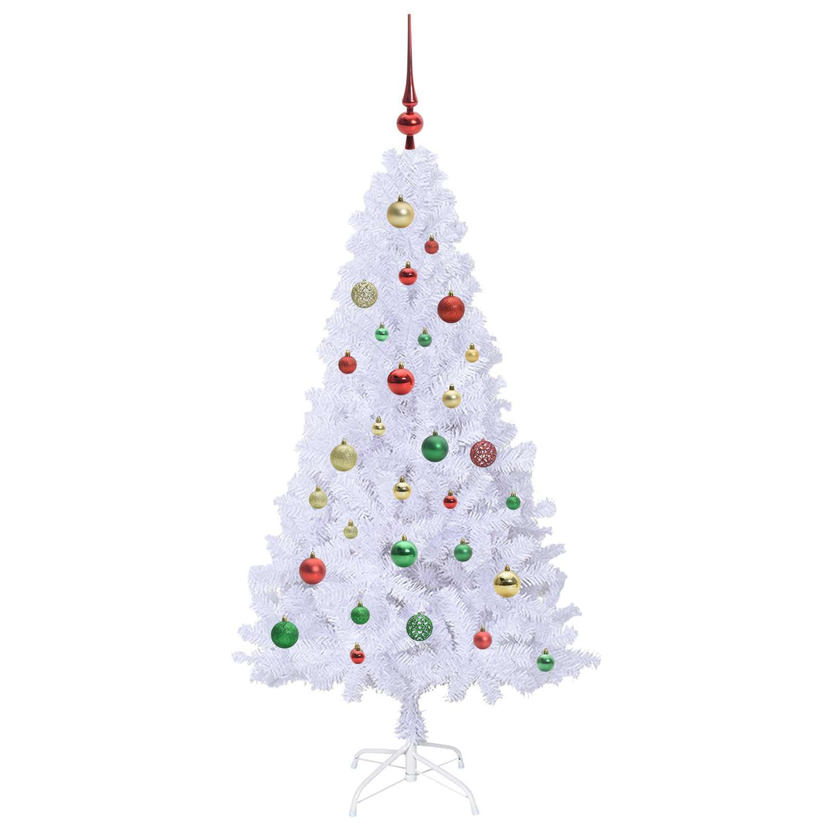 A white artificial Christmas tree decorated with red, green and gold baubles