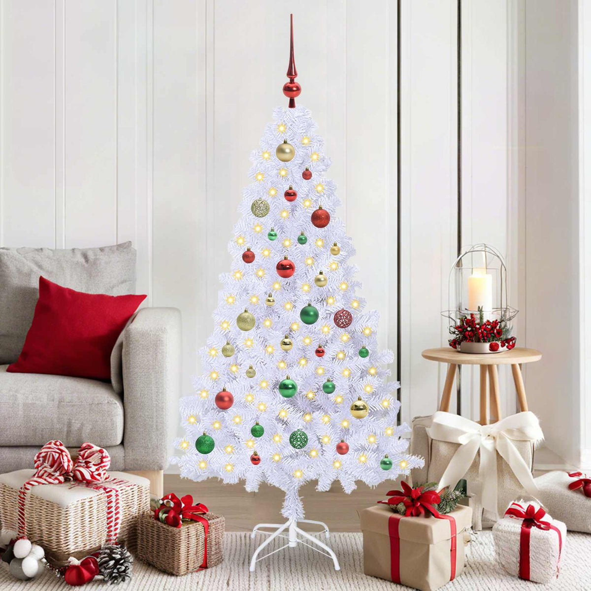 vidaXL Artificial Christmas Tree White 150 cm PVC and Steel decorated with baubles and lights in a living room setting