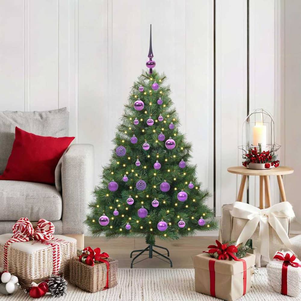 vidaXL Artificial Christmas Tree decorated with purple baubles and lights in a room setting