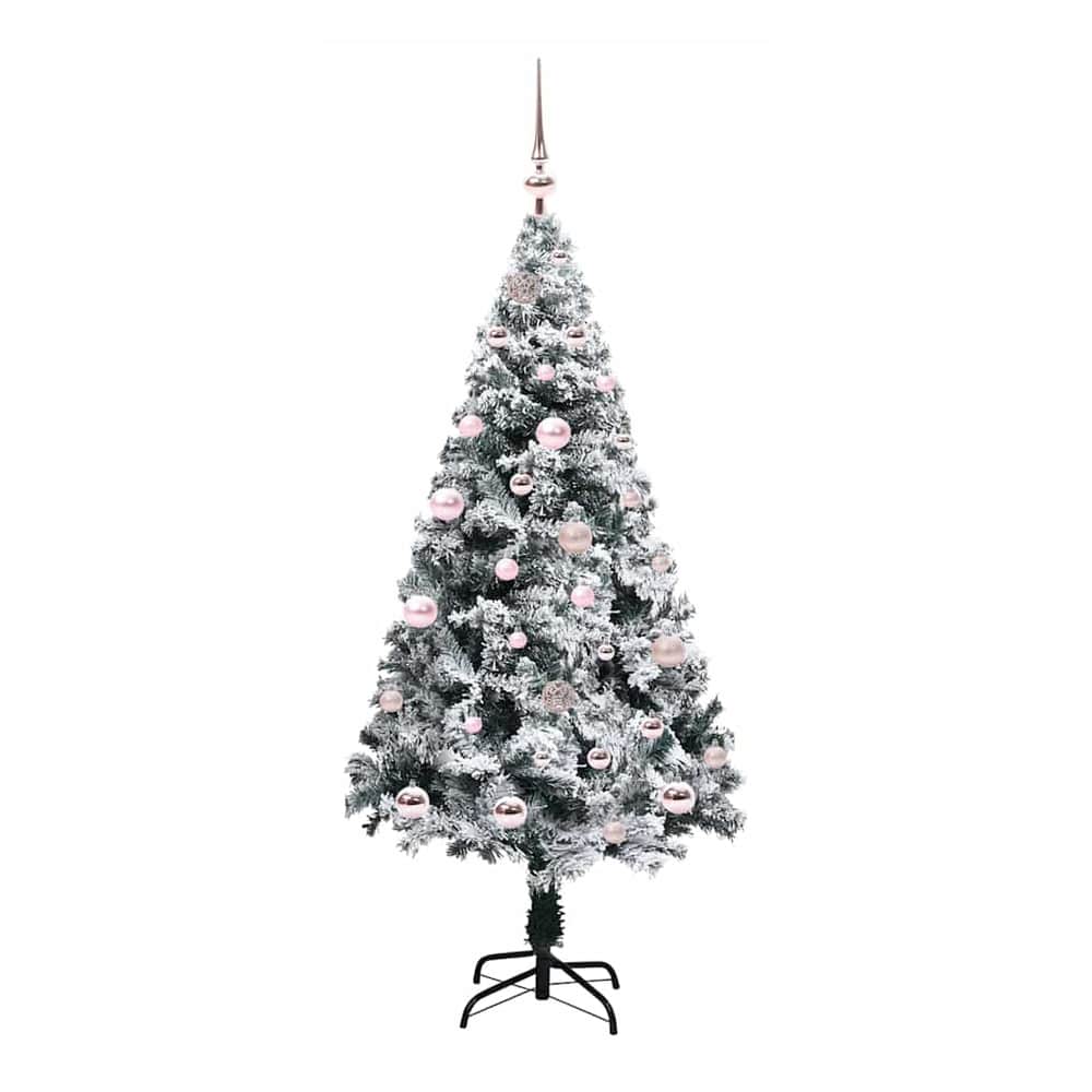 The white artificial Christmas tree with pink baubles and a metal stand