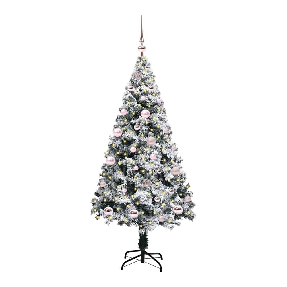 The white artificial Christmas tree with pink baubles and lights, standing on a black metal base