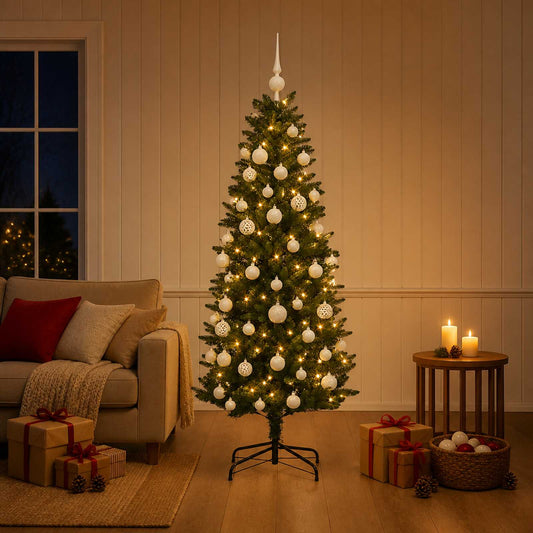 vidaXL Artificial Christmas Tree with Bauble 120 cm 150 LEDs set up in a living room
