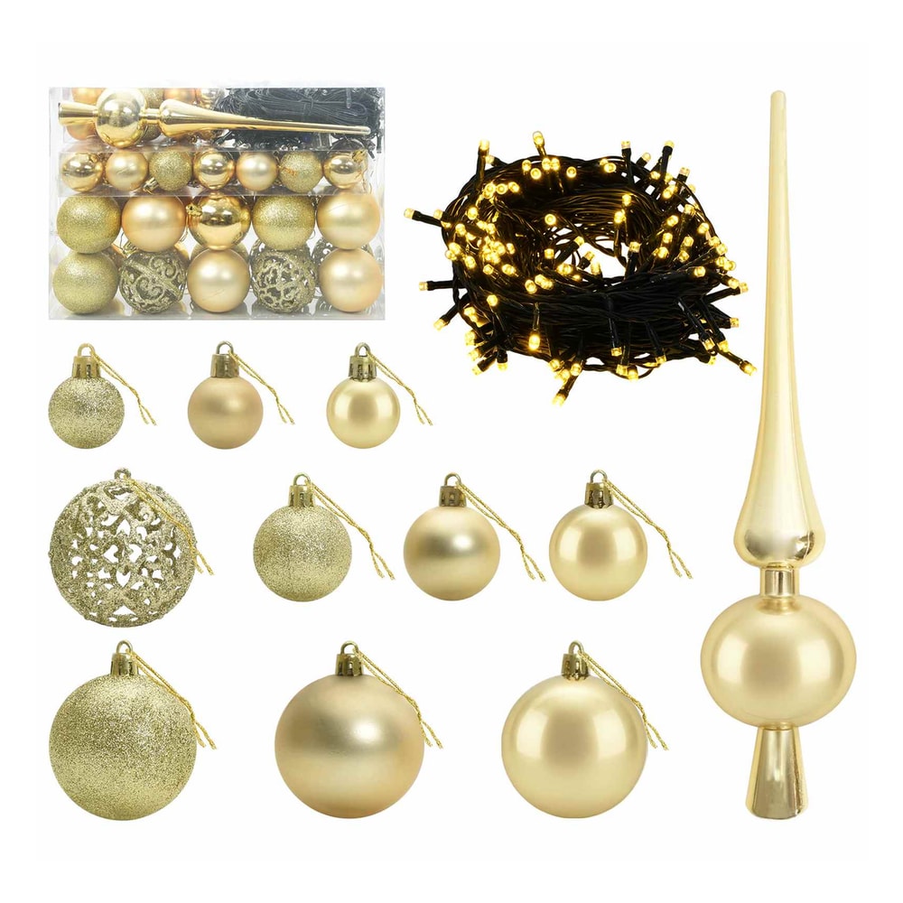 Baubles, lights and tree topper for the artificial slim Christmas tree