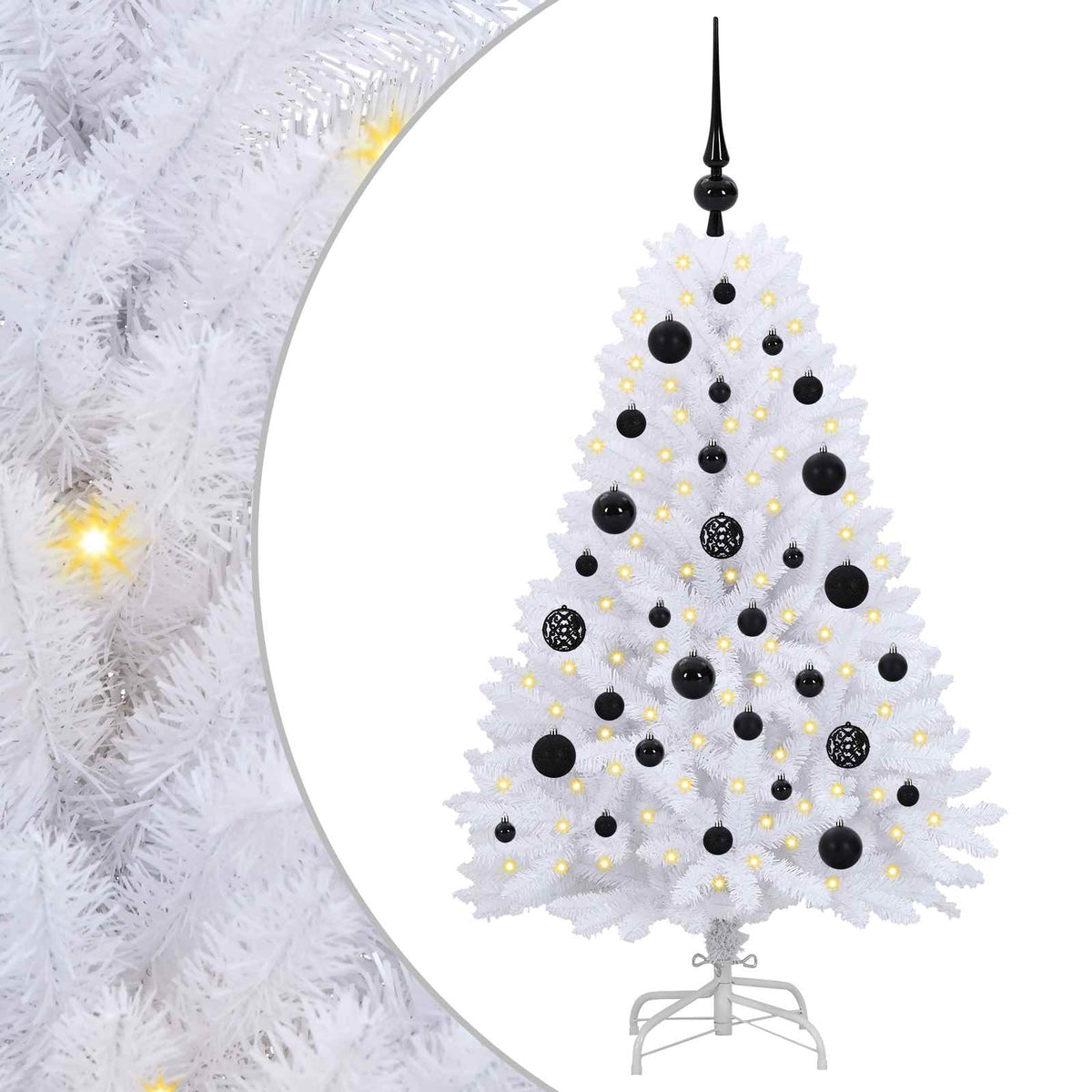 Close up of the white artificial Christmas tree branches with lights and baubles