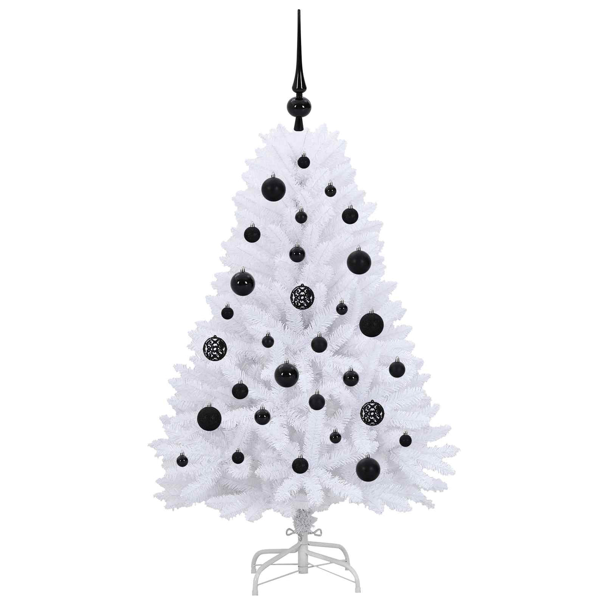 White artificial Christmas tree with black baubles and lights, front view