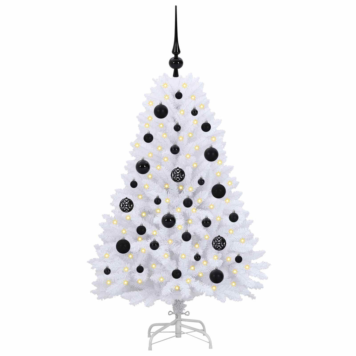 White artificial Christmas tree with black baubles and lights, set up in a room