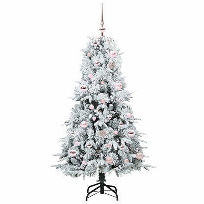A white artificial Christmas tree with pink baubles and lights, shown on a white background