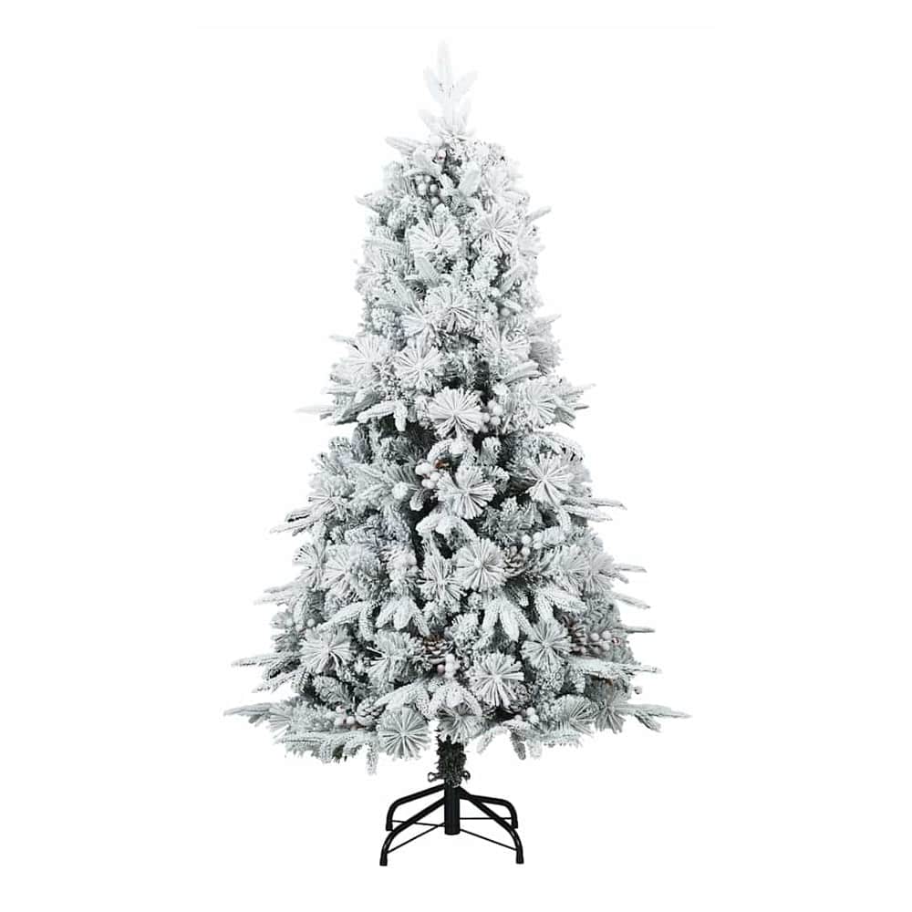 The Christmas tree with snowy branches and pine cones standing on a metal base