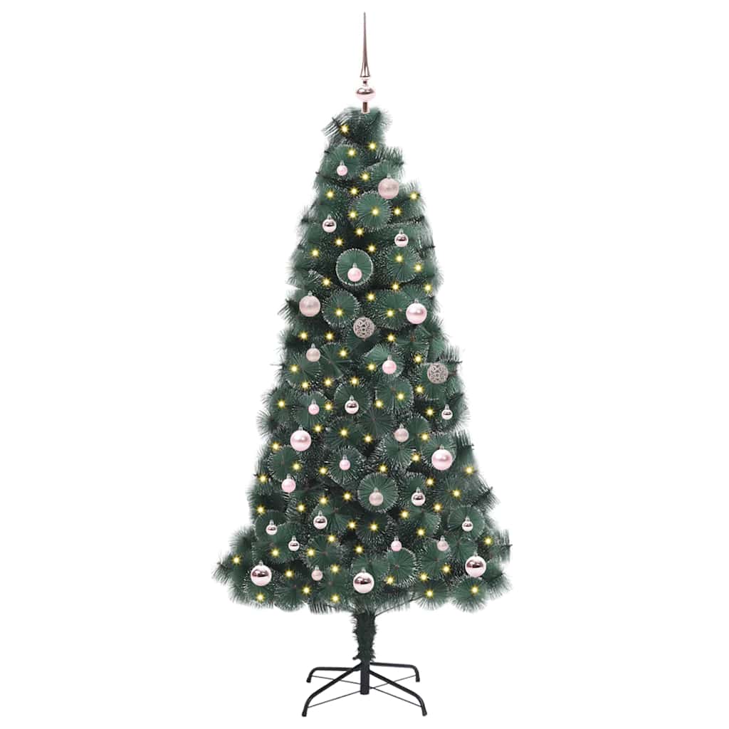 Artificial pre-lit Christmas tree with pink baubles and lights, shown from the front