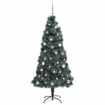 Artificial pre-lit Christmas tree with pink baubles and lights, shown from the side