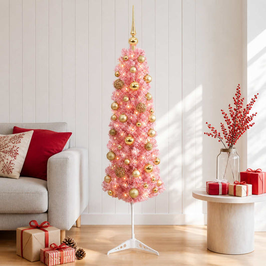 vidaXL Artificial Slim Christmas Tree with baubles and LEDs, set up in a room