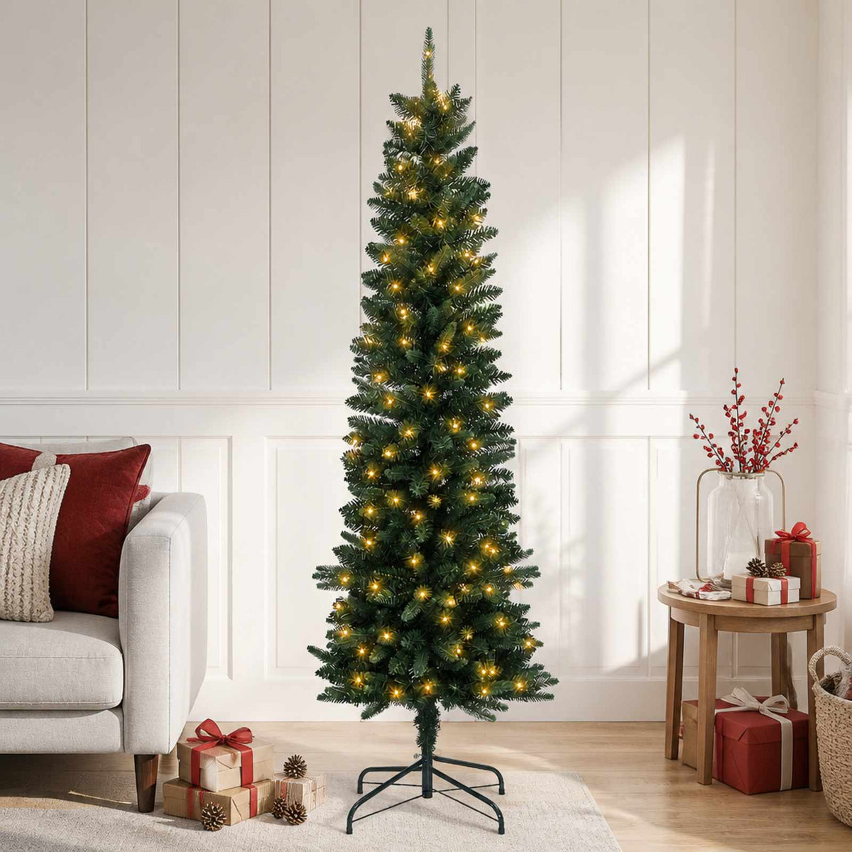 Artificial Slim Christmas Tree with Bauble 150 LEDs Green 120 cm with LEDs