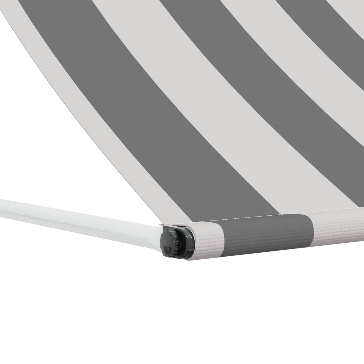 a close-up of the awning mechanism and fabric edge