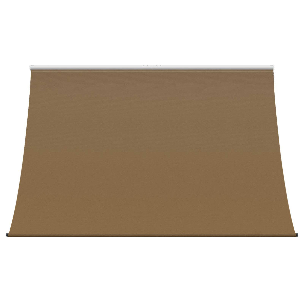 The beige window awning viewed directly from the front showing the fabric and top bar