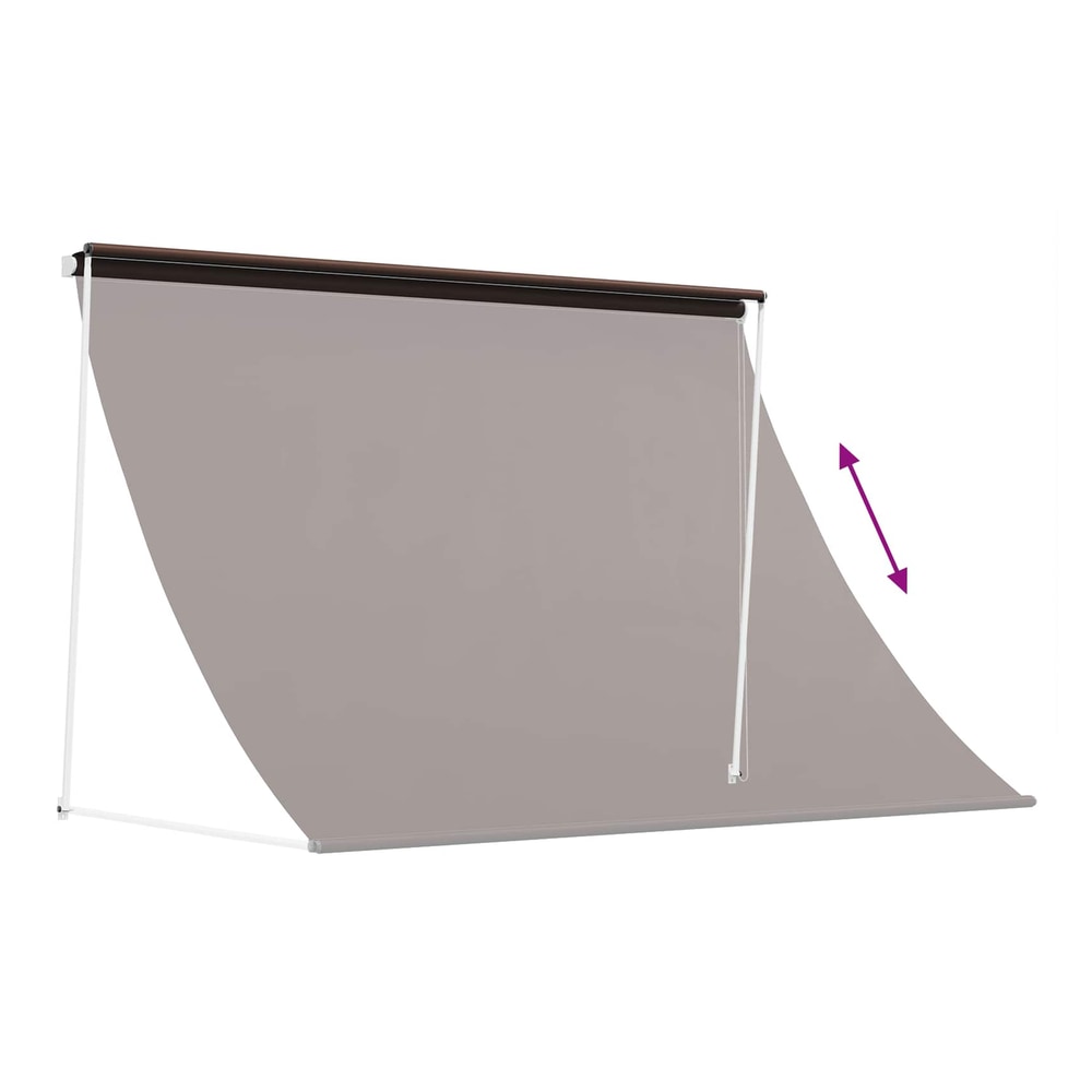 Brown polyester awning partially extended, showing the fabric and adjustable support arm